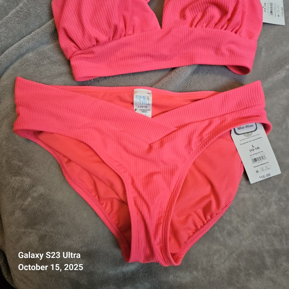 NWT Time And Tru Women's Bikini Set Coral Ribbed Large Mid Rise - Picture 3 of 9